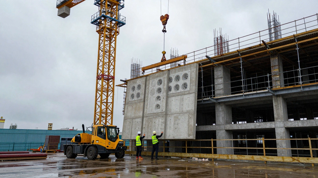 Кран поднимает бетонные панели на строящийся многоквартирный дом, рабочие направляют снизу.