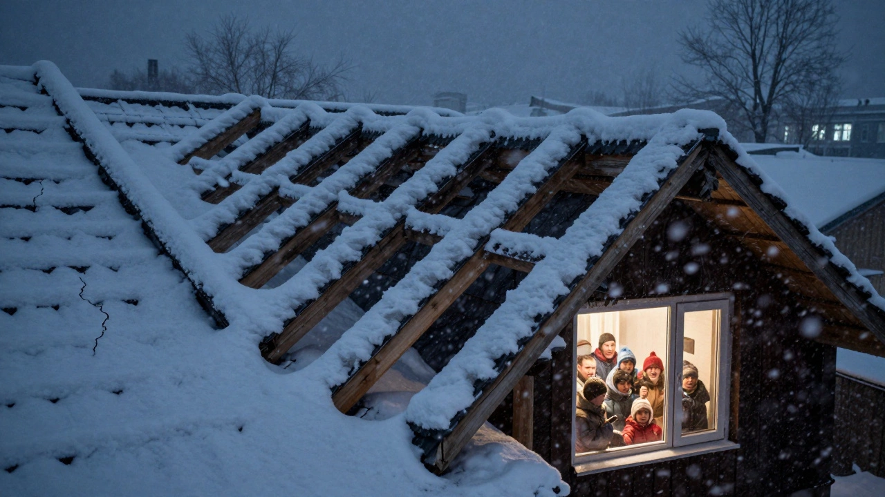 Крыша под тяжёлым снегом с прогибающимися стропилами, буря в Нижнем Новгороде.