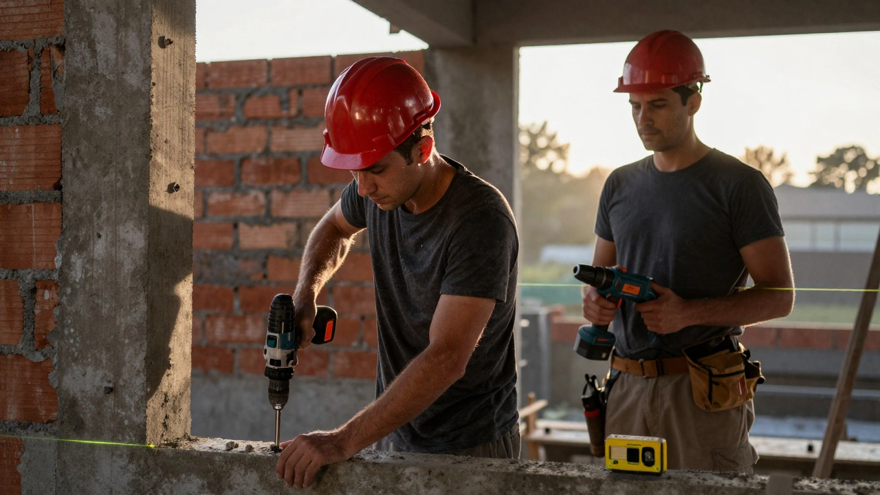 Новичок с неисправной дрелью на стройке, рядом профессионал использует перфоратор и лазерный уровень для точной разметки.