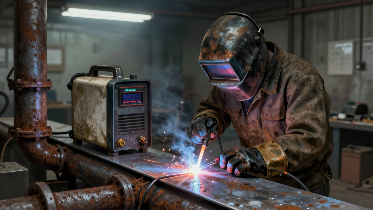 Новичок сваривает трубу с помощью ММА-аппарата, рядом лежит неиспользуемый полуавтомат с баллоном газа.