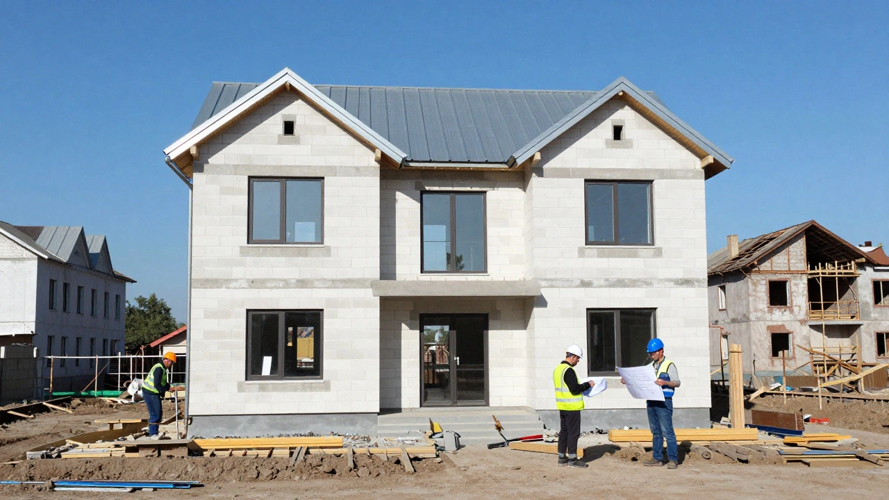 Новый дом из газобетона под строительством в Нижнем Новгороде с утеплённым фасадом и металлочерепицей.