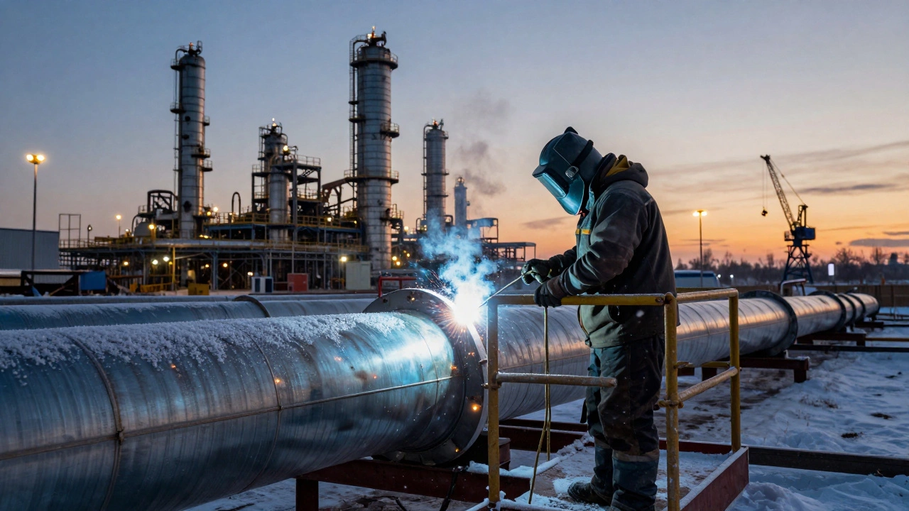 Опытный сварщик на нефтеперерабатывающем заводе в Тюмени, снег и искры, гигантские трубы на фоне.