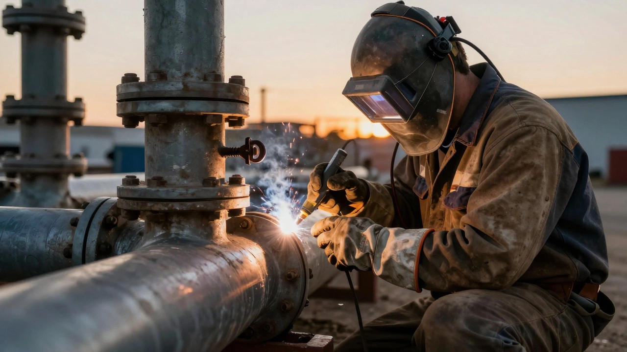 Опытный сварщик проверяет шов трубопровода в Техасе с помощью прибора неразрушающего контроля.