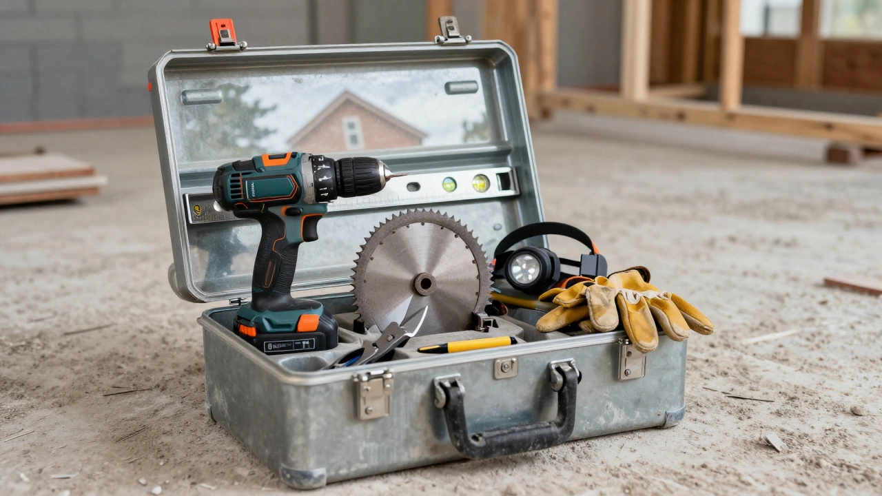 Открытый металлический ящик с инструментами: дрель, пила, перчатки и защитные очки.