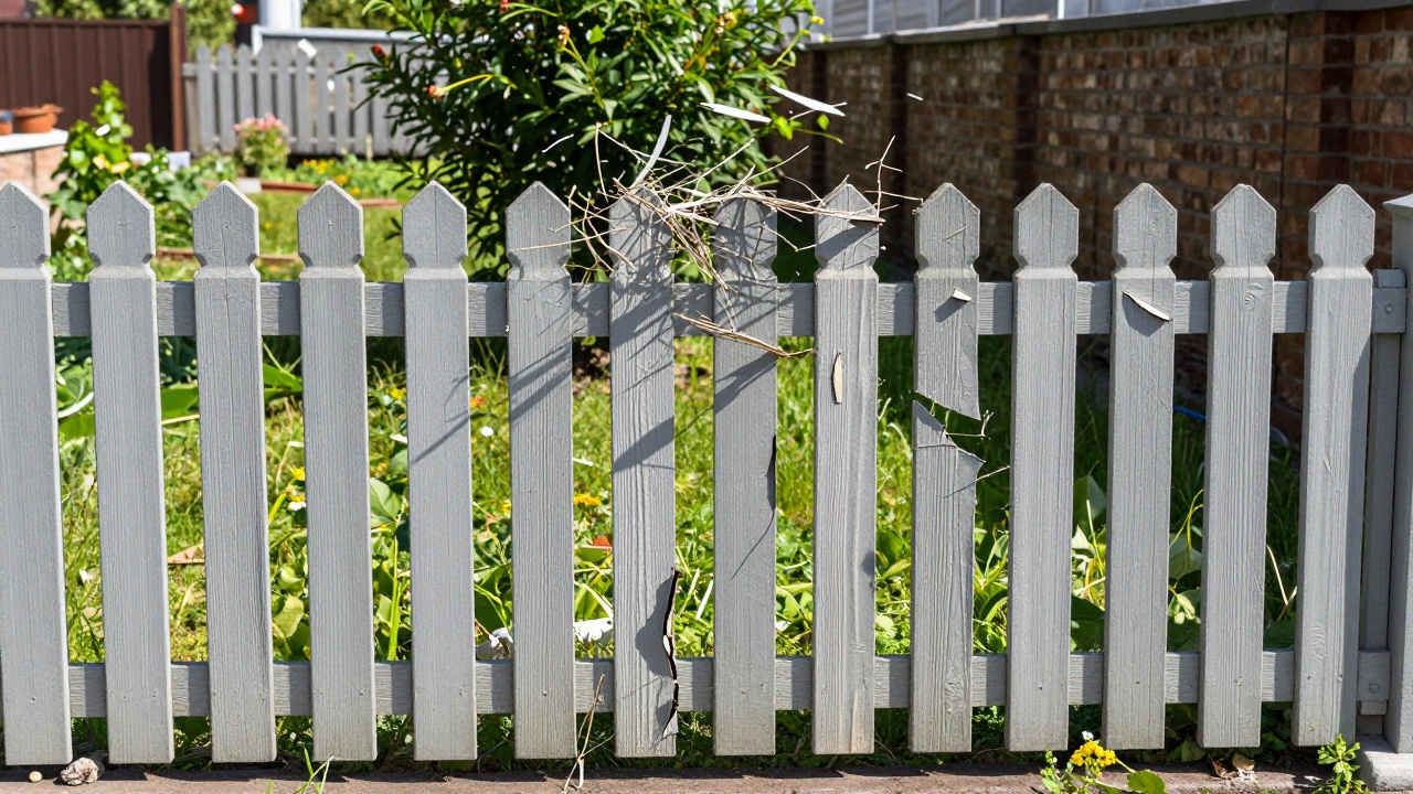 Пластиковый забор, деформированный жарой и ветром, с треснувшими панелями.