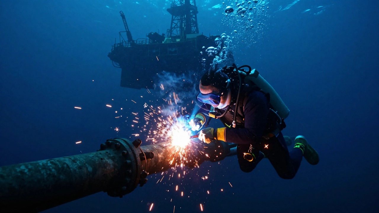 Подводный сварщик в океане варит трубопровод, искры светятся в темной воде.