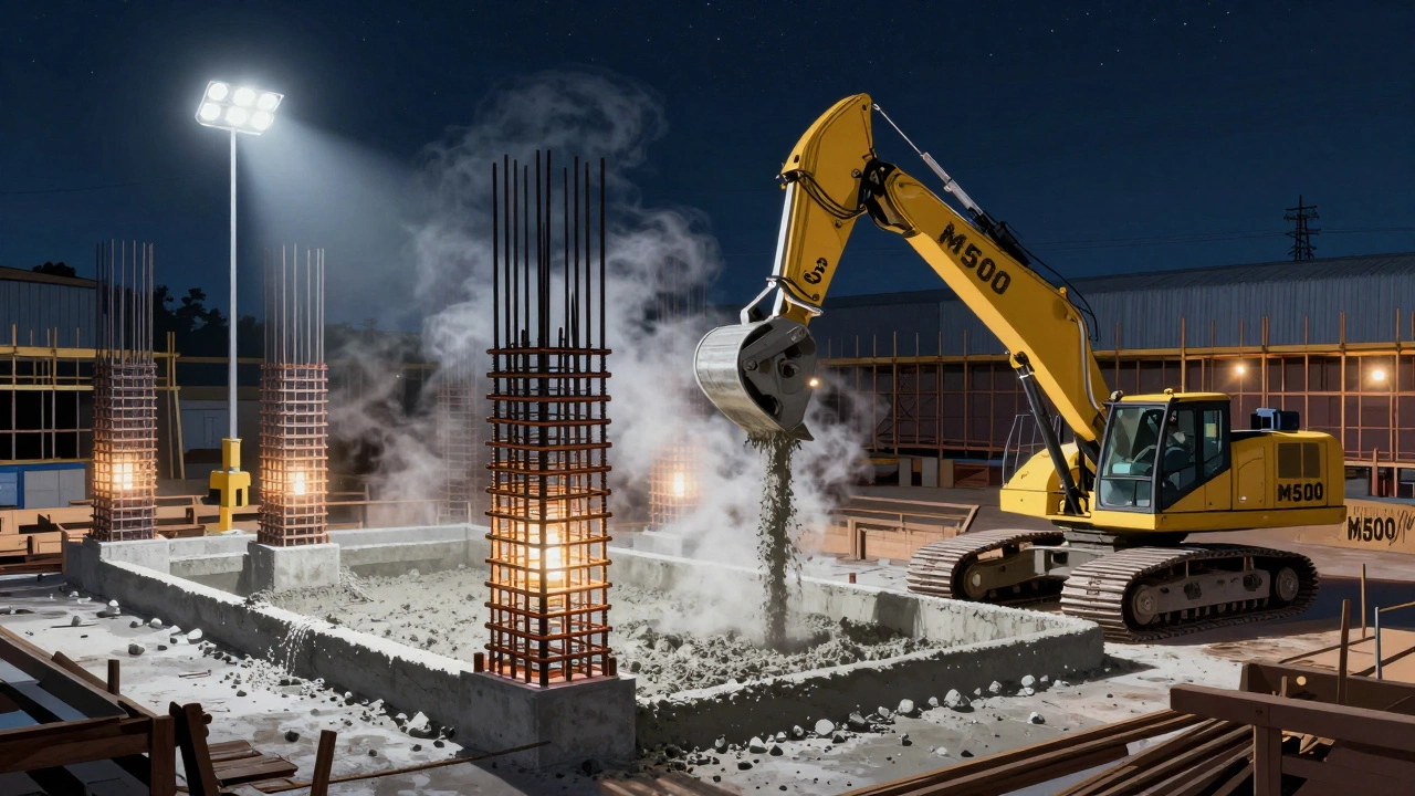Промышленный фундамент заливается цементом М500 под мощной подсветкой ночью.