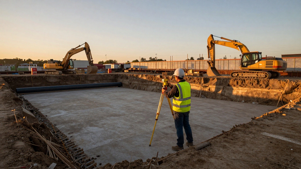 Рабочий проверяет ровность дна котлована лазерным уровнем на закате.