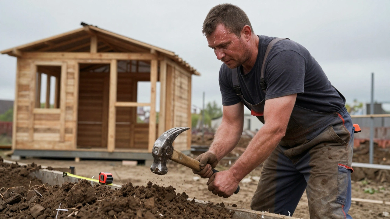 Рабочий трамбует землю молотком при строительстве забора.