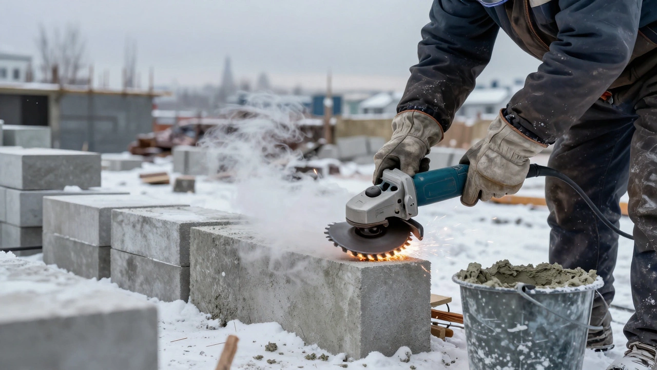Работник режет газобетон болгаркой зимой в Нижнем Новгороде, в защитных очках и перчатках.