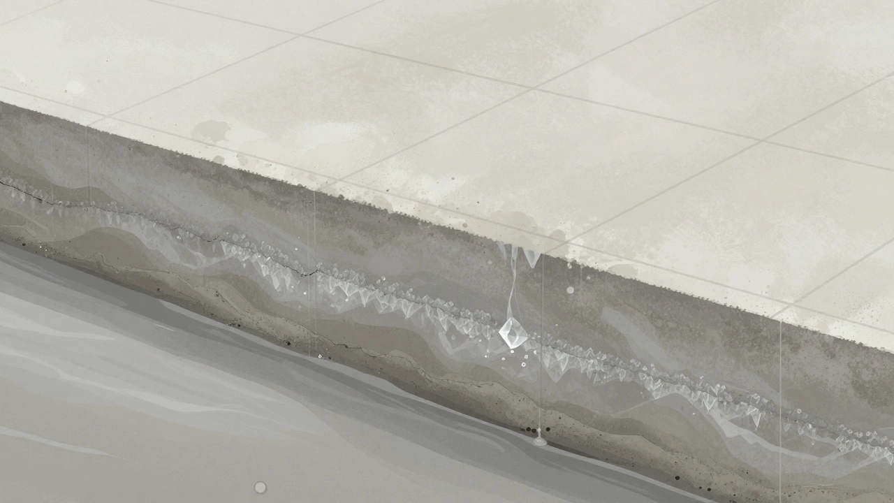 Разрез бетонного фундамента с видимыми слоями цемента, ПГС и воды.