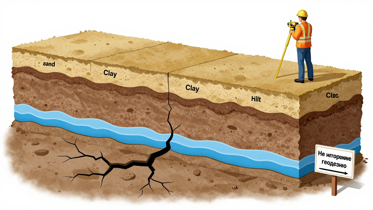 Разрез фундамента на неровном грунте с обозначенными слоями почвы и трещинами.