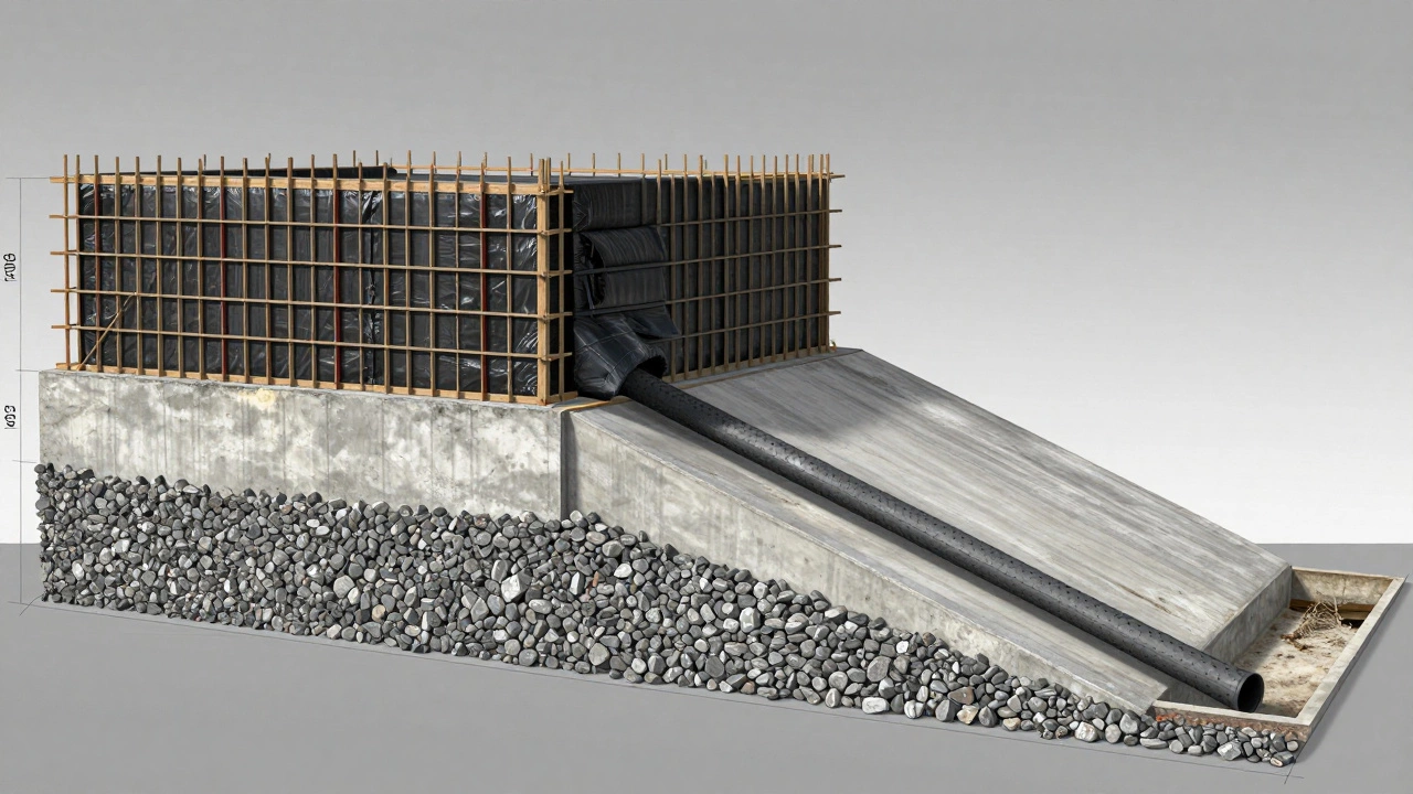 Разрез фундамента с подушкой, гидроизоляцией и дренажной трубой под домом.