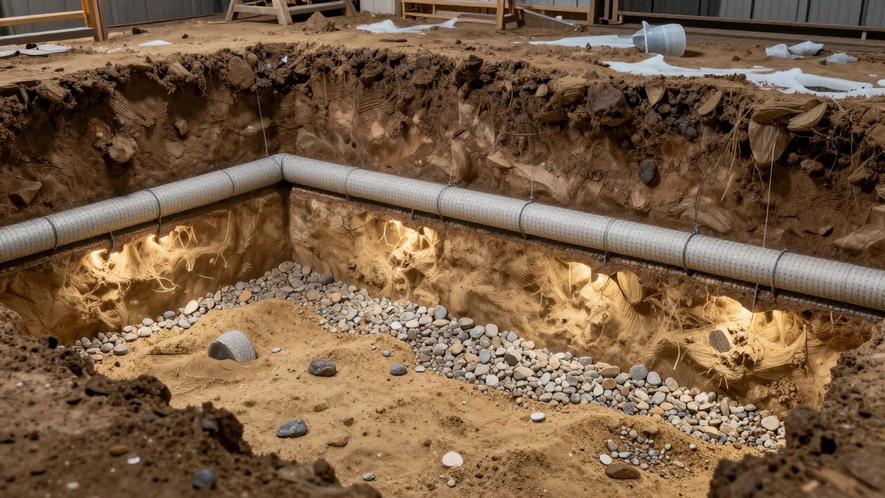 Разрез котлована с подушкой из песка и щебня, дренажными трубами и пучинистым грунтом.