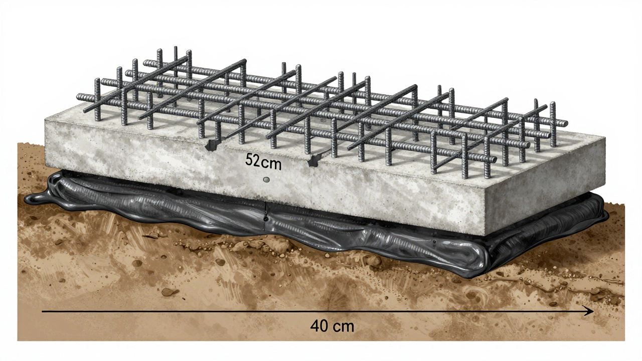 Разрез ленточного фундамента с арматурой, гидроизоляцией и слоями грунта.
