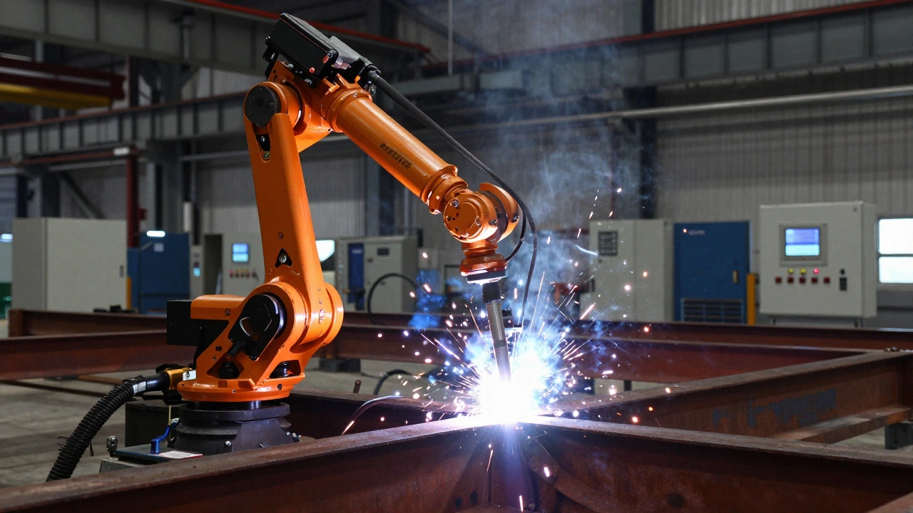 Робот-сварщик автоматически соединяет толстые стальные балки на заводе, виден яркий электрический дуговой разряд.