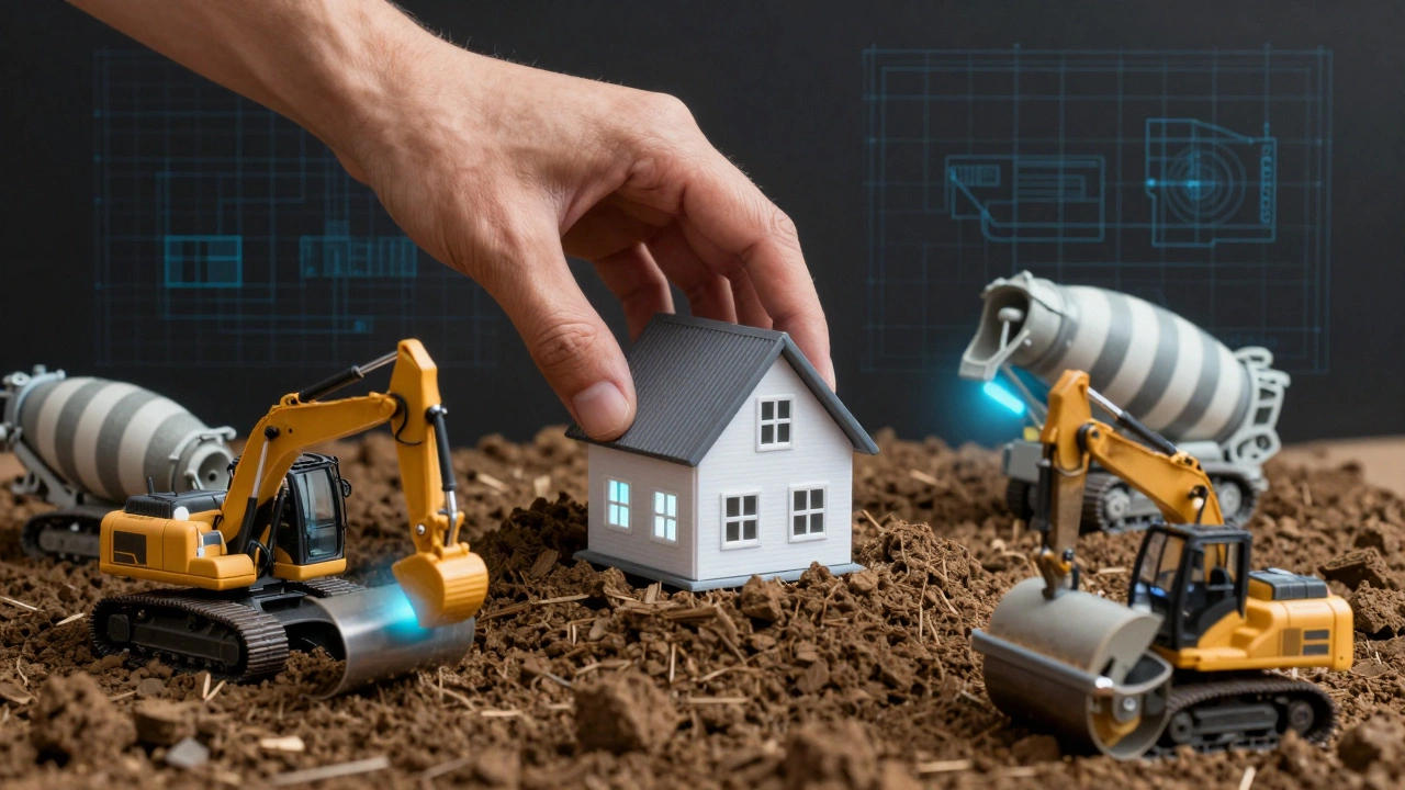 Рука кладет модель дома на уплотненное основание, вокруг — миниатюрные строительные машины, светящиеся синим.