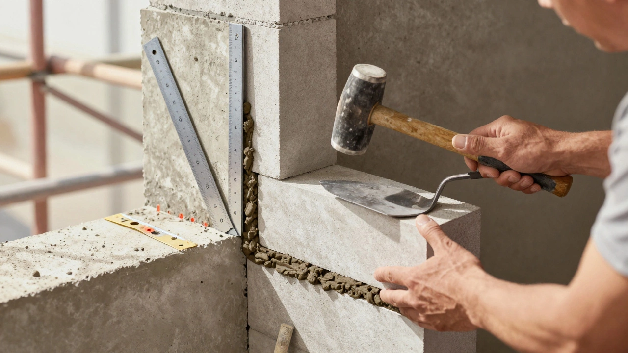 Руки мастера выравнивают газоблок с помощью резиновой киянки и мастерка.