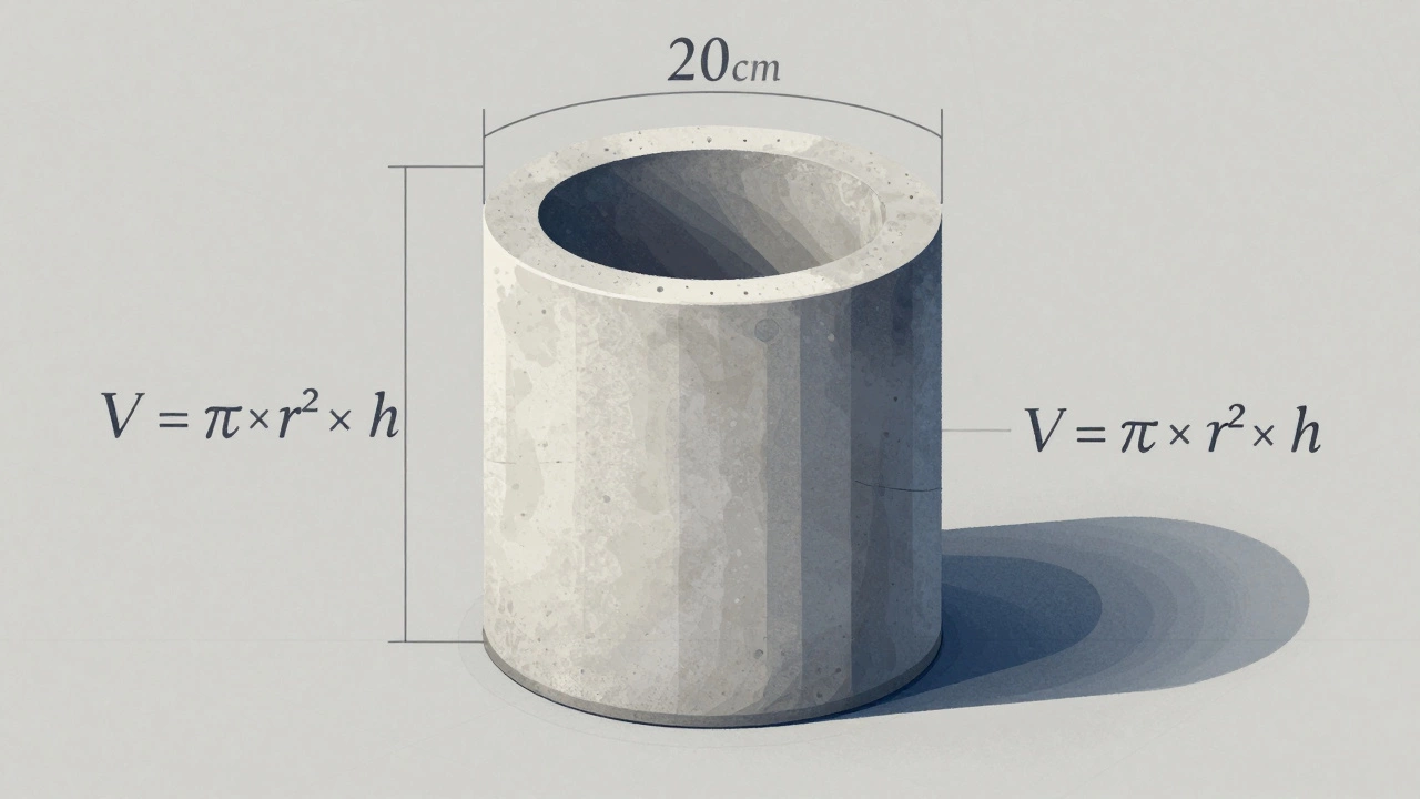 Схема цилиндрической ямы с обозначенными размерами и формулой расчета объема бетона.
