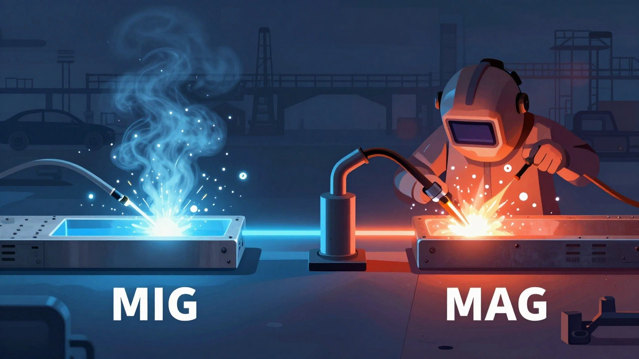 Схематичное изображение различий между MIG и MAG сваркой: инертный газ для алюминия и активный — для стали.