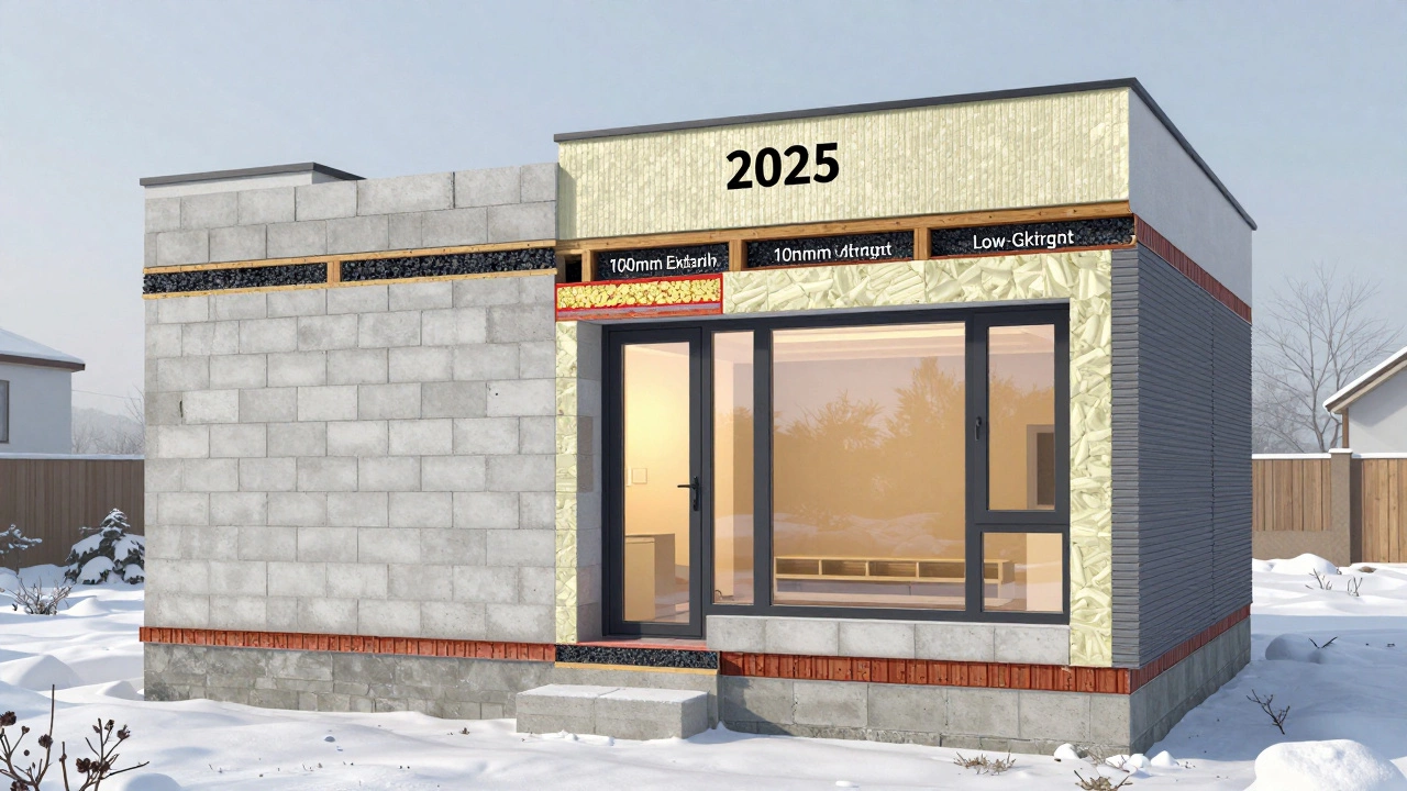 Слои стены: газобетон, утепление и вентилируемый фасад, с тройным стеклопакетом и теплым внутренним светом.