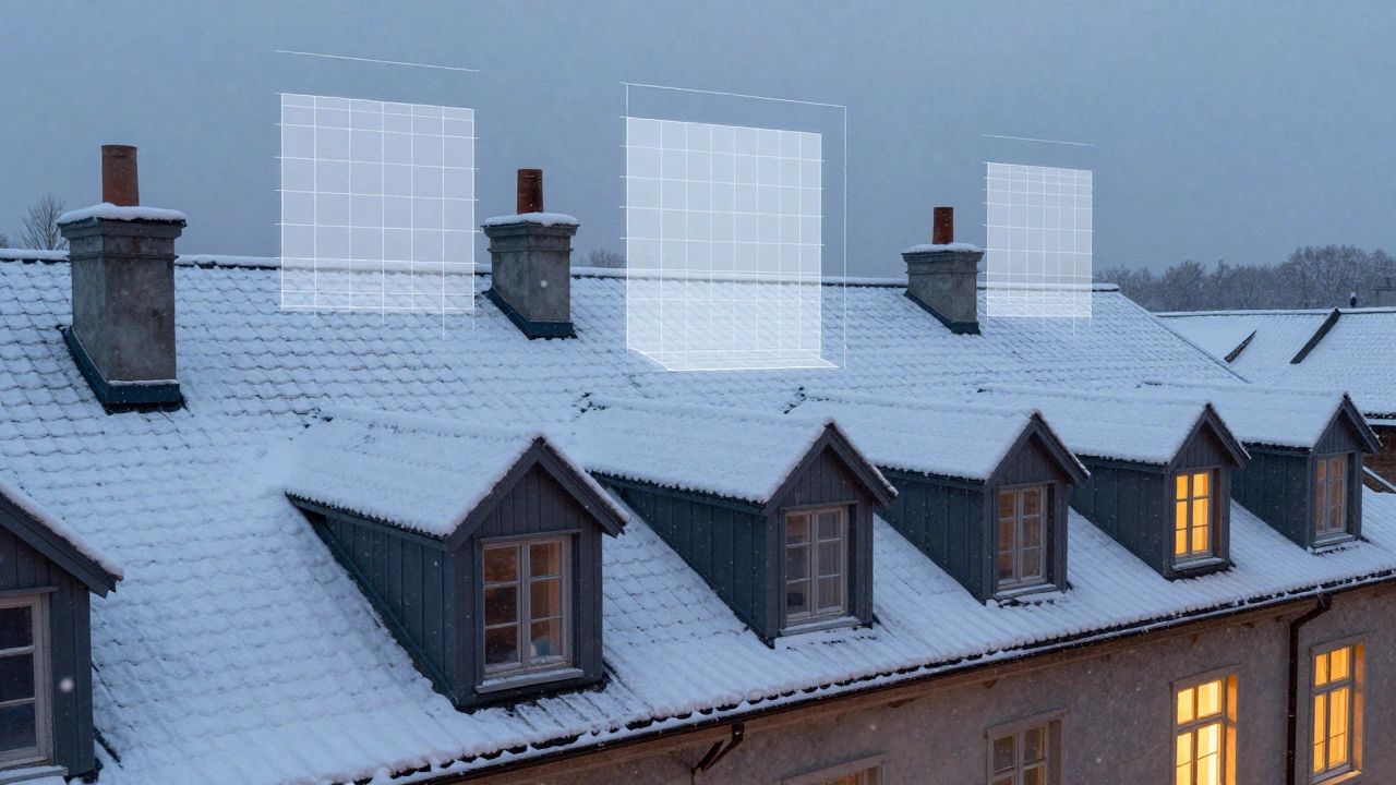 Сложная кровля с элементами, накладками и расчётами, окутанная снегом и тёплым светом.