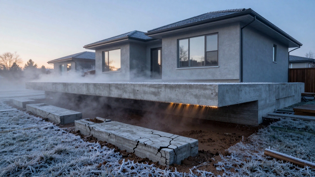 Современный дом на прочной плитной основе на рассвете, рядом — разрушенный старый фундамент, символизирующий ошибки экономии.