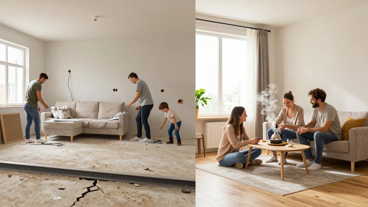 Сравнение: семья в хаосе реконструкции слева и в уютном новом доме справа.