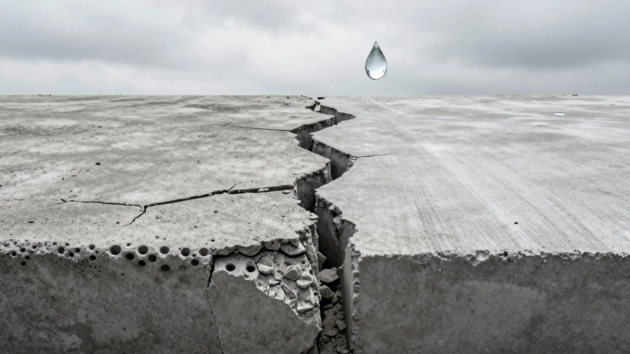 Сравнение треснувшего и идеального бетонного фундамента на фоне пасмурного неба.