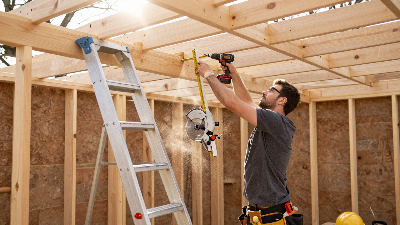 Строитель монтирует кровельную обрешетку с помощью циркулярной пилы и шуруповерта.