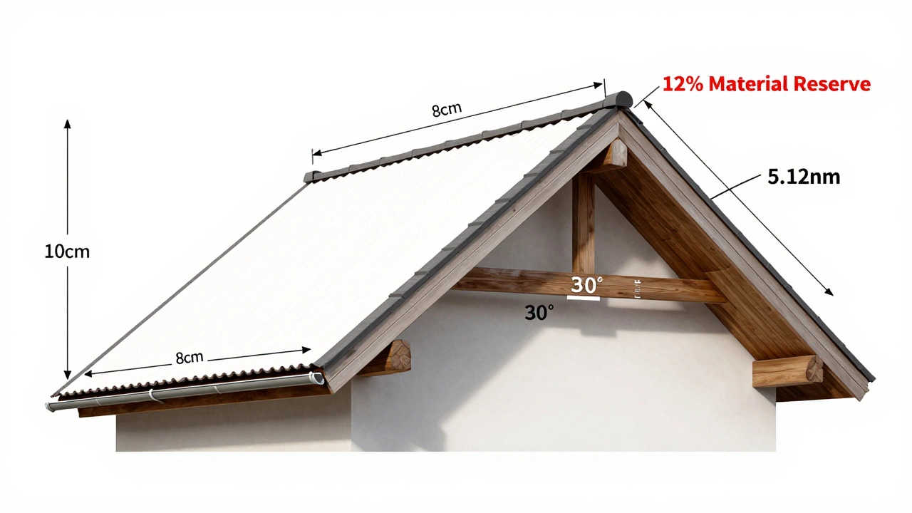Технический чертёж крыши с обозначенными размерами, углом наклона и запасом материала.