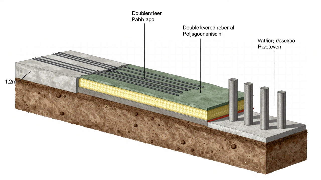 Технический разрез трёх типов фундаментов: ленточного, плитного и столбчатого, с видимыми слоями бетона, арматуры и утепления.
