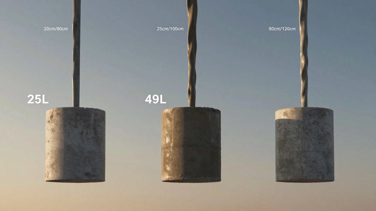 Три бетонных столба с разными объемами бетона — 25л, 49л и 85л — парят в воздухе, визуализируя масштаб.