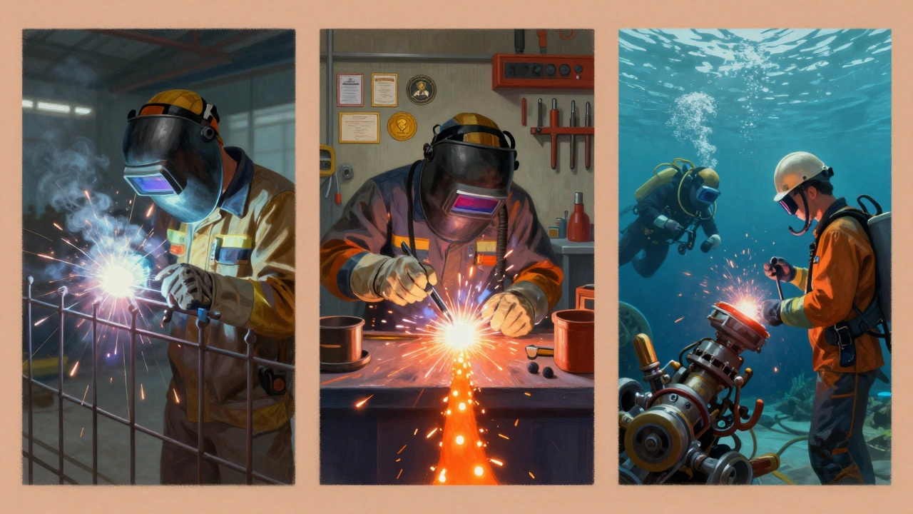 Три этапа карьеры сварщика: новичок, профессионал, бригадир — искры образуют путь роста.
