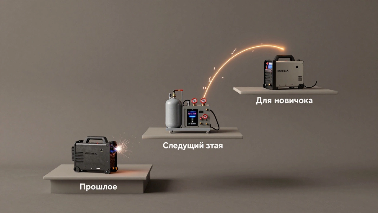 Три уровня сварки: старый трансформатор, сложный MIG и простой инвертор ММА — искры ведут к самому простому варианту.