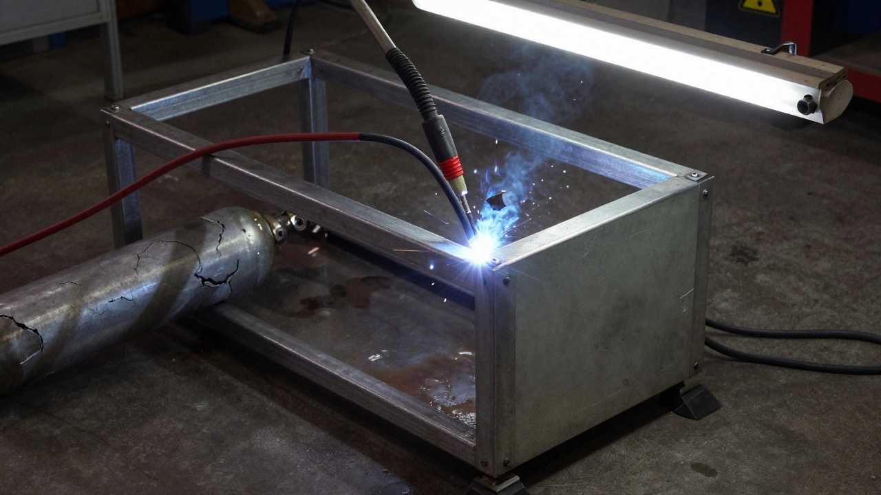 В цеху сваривается рама: с одной стороны шов идеален, с другой — видны поры и трещины из-за плохих условий.