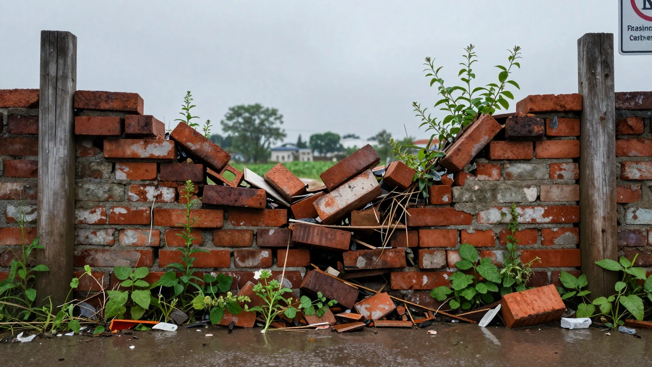 Забор из битого кирпича и мусора, разваливающийся на фоне природы.