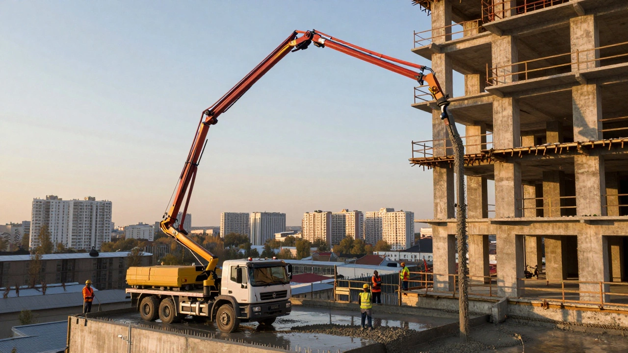 Бетонный насос подает раствор на высокий этаж строящегося здания.