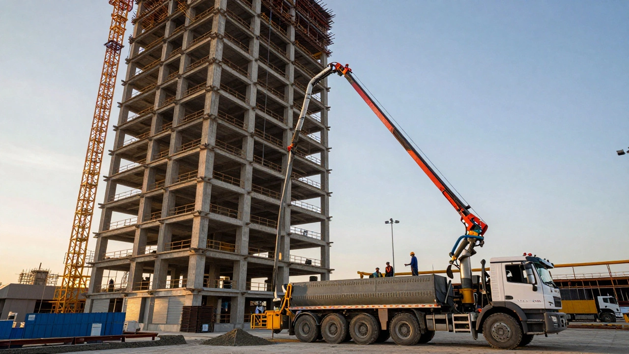 Бетонопровод подаёт бетон на высоту в строящийся небоскрёб.