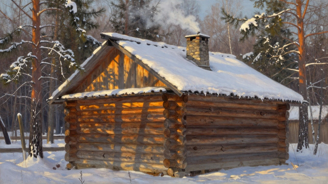 Деревянный сруб в лесу с дымом из трубы и снегом на ветвях под закатом.