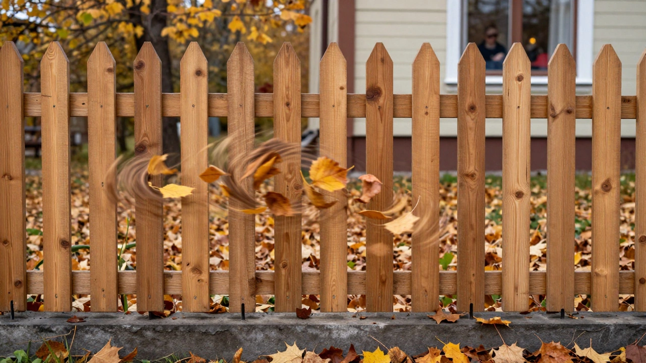 Деревянный штакетник с зазорами осенью: листья свободно проходят сквозь промежутки, а земля за забором остаётся спокойной.
