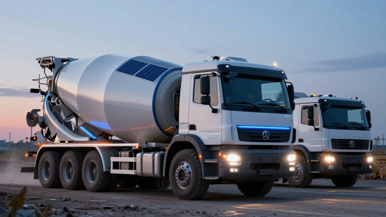 Электрический автобетоносмеситель с автономной навигацией на стройке.