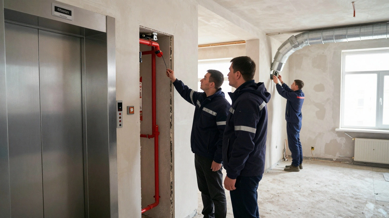 Инспекторы проверяют инженерные системы в новостройке: трубы, вентиляцию и лифты перед вводом в эксплуатацию.