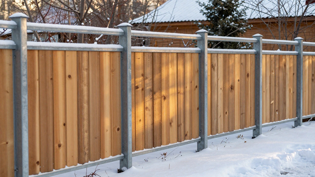 Комбинированный забор: металлические столбы и деревянные панели в русской природе.