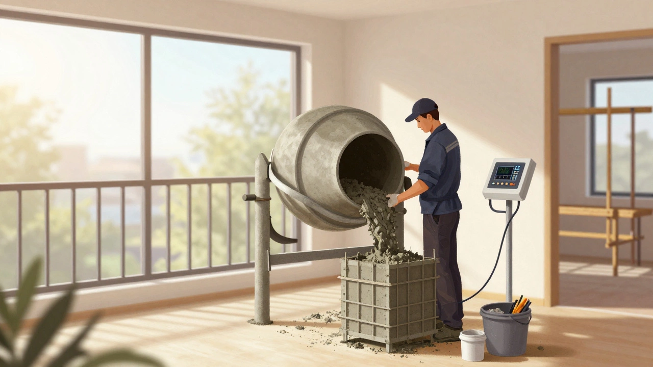 Компактная бетономешалка на балконе заливает бетон в опалубку.