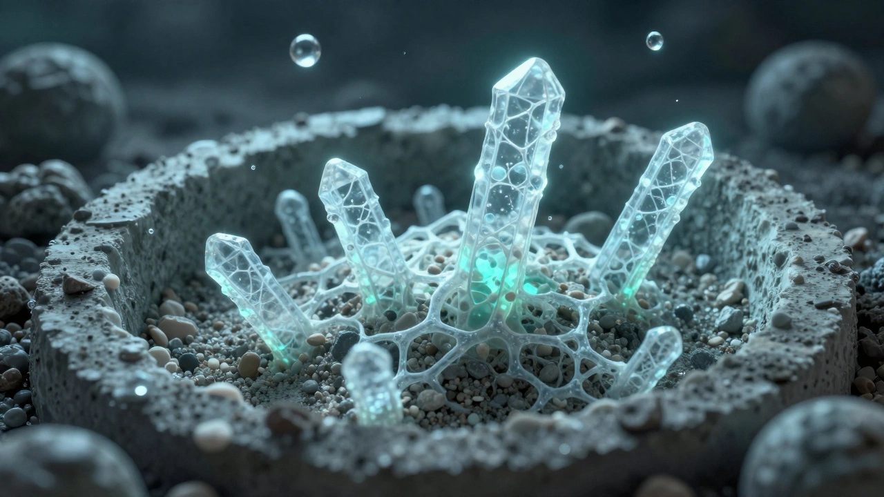 Микроскопическое изображение кристаллов гидратации, растущих внутри бетона, как узор из воды и цемента.