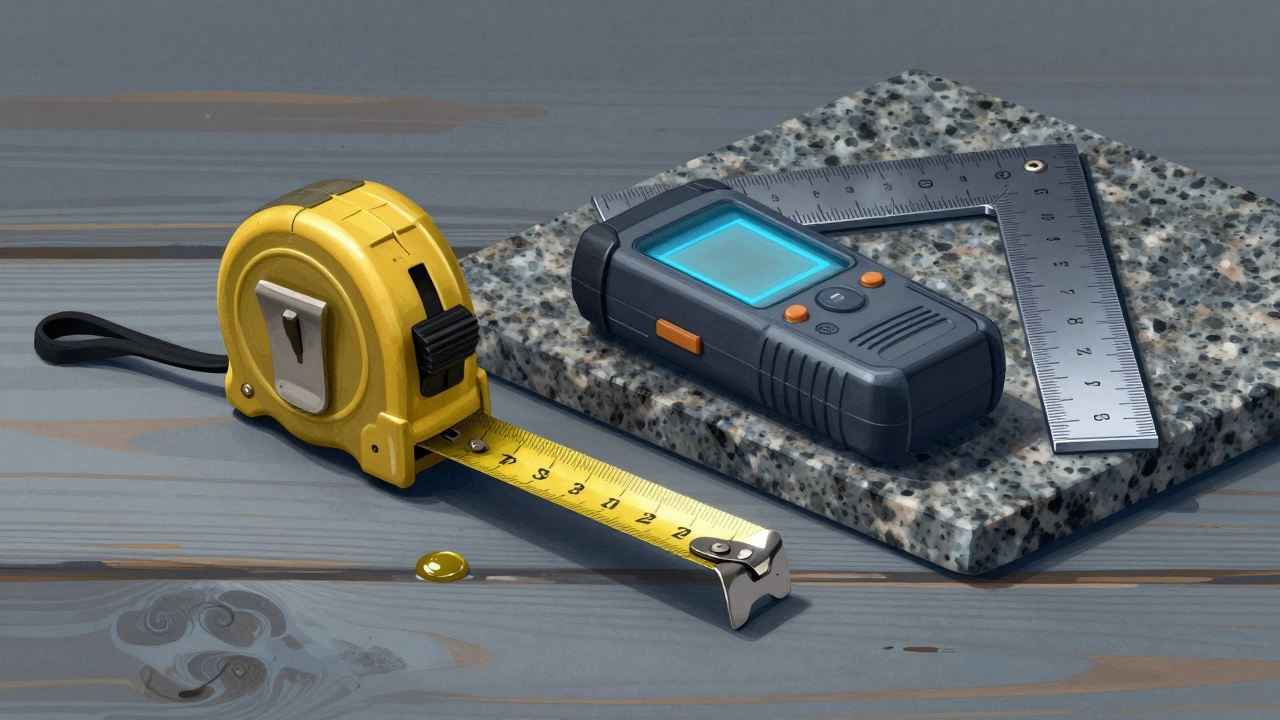 Минималистичная композиция измерительных инструментов: рулетка, лазерный дальномер и угольник на граните.
