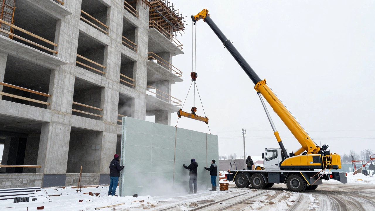 Мобильный кран поднимает панель стены на строящийся дом зимой.