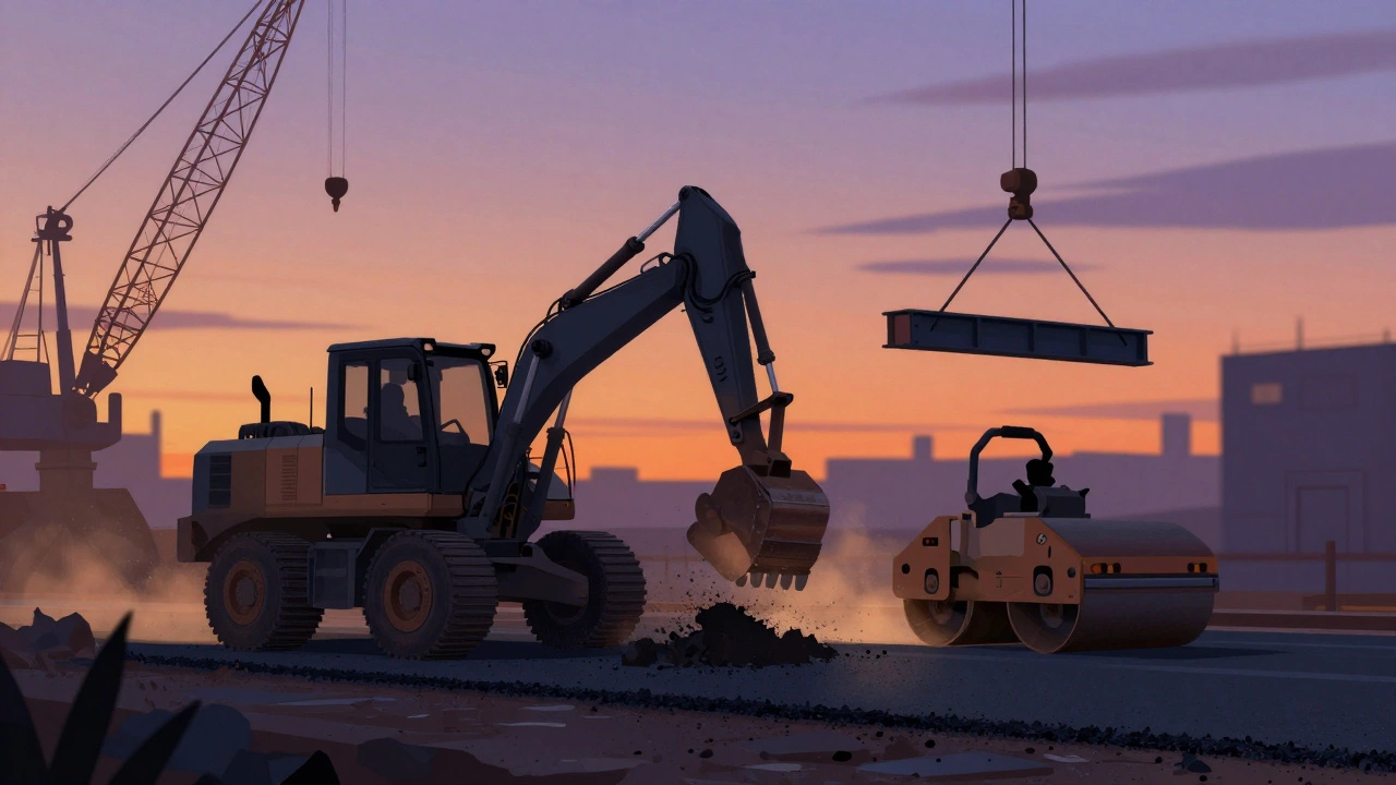 На закате погрузчик с гидромолотом разбивает асфальт, рядом — кран и каток.