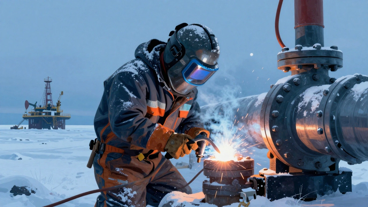 Опытный сварщик на газопроводе в снежной тундре, видны искры и морозный воздух.